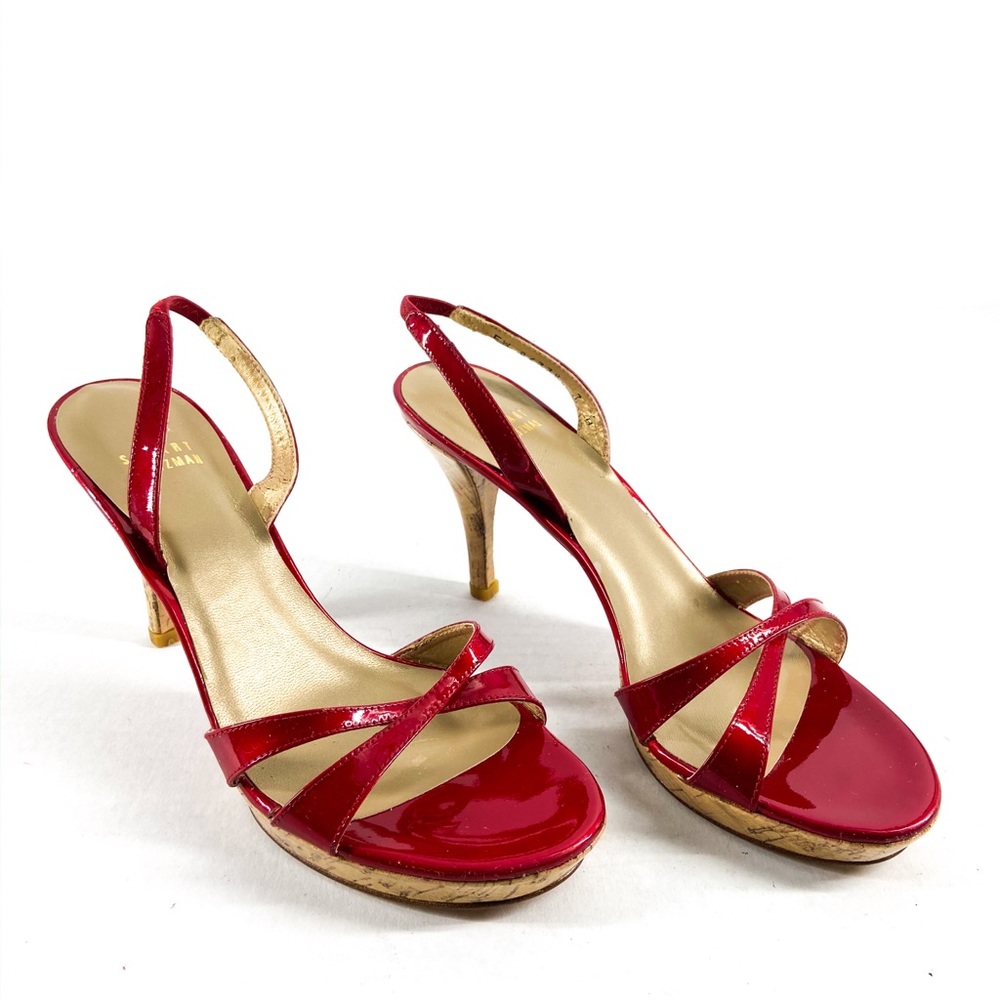 Stuart Weitzman Red Patent Cork Heels Sandals 7